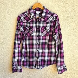 O'Neill Preppy Plaid Flannel Button-Up Women's Large purple white black